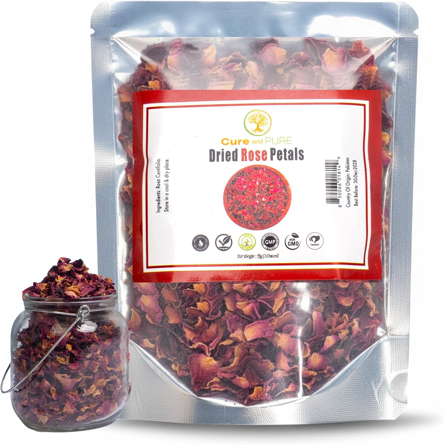Cure Wid Pure Certified Organic Dried Rose Petals 1oz Food-Grade Edible Rose Petals for Tea,Cocktails,Baking,Skincare & DIY - Sun-Dried,Non-GMO,Gluten & Chemical-Free Edible Flowers in Resealable Bag