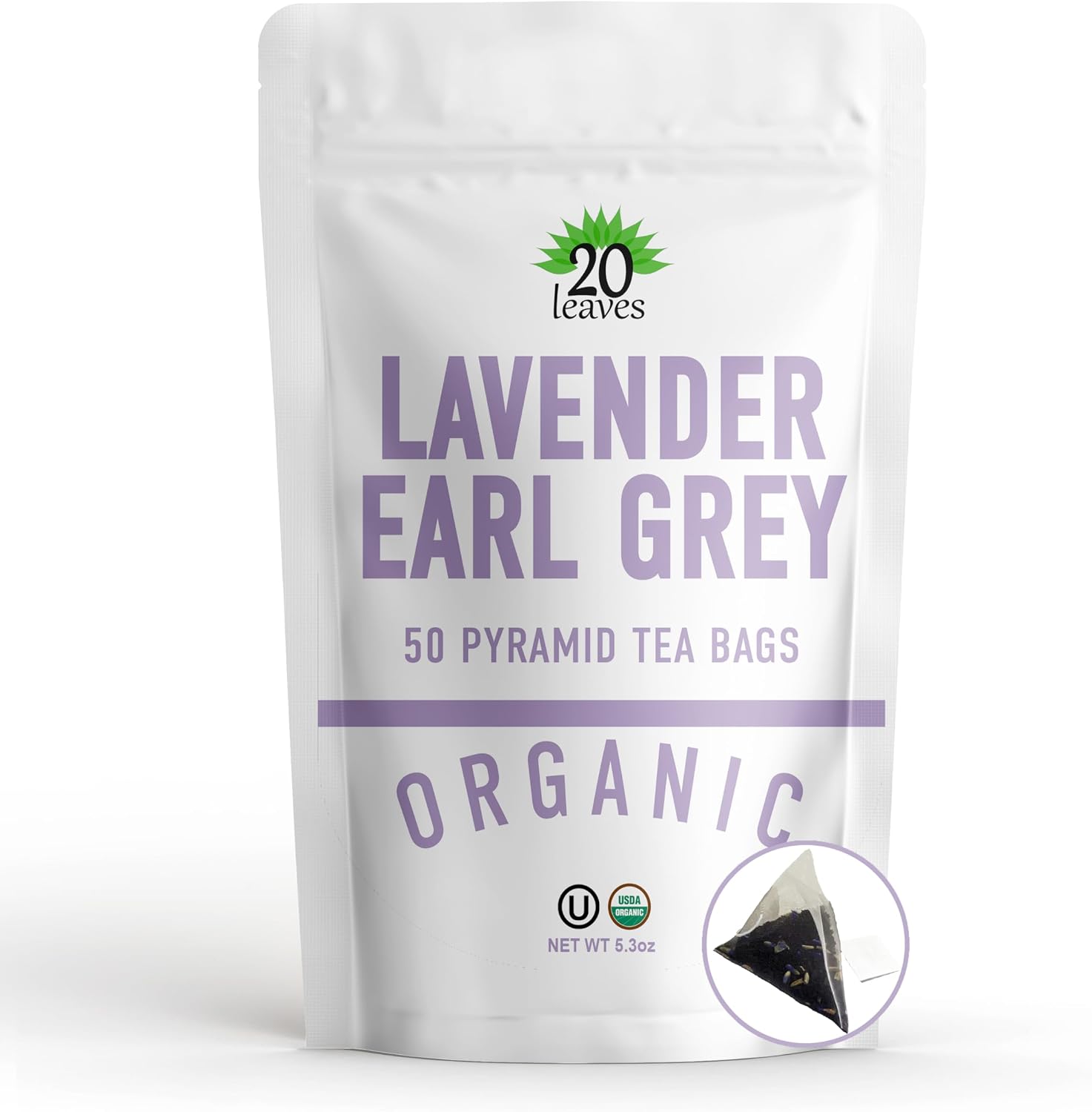 Lavender Earl Grey Black Tea - 100% Certified Organic - 50 Pyramid Tea Bags Sachets in a Resealable Bag