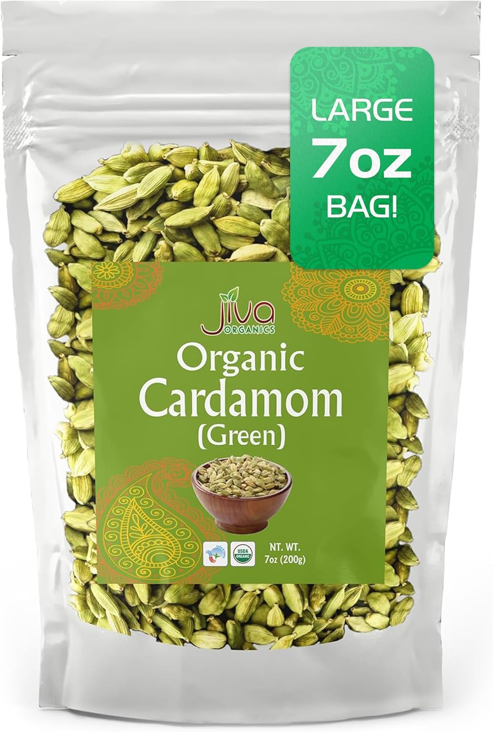 Jiva Organic Green Cardamom Pods Whole - Non-GMO, Premium Quality, Jumbo Size - 7 Ounce Bag