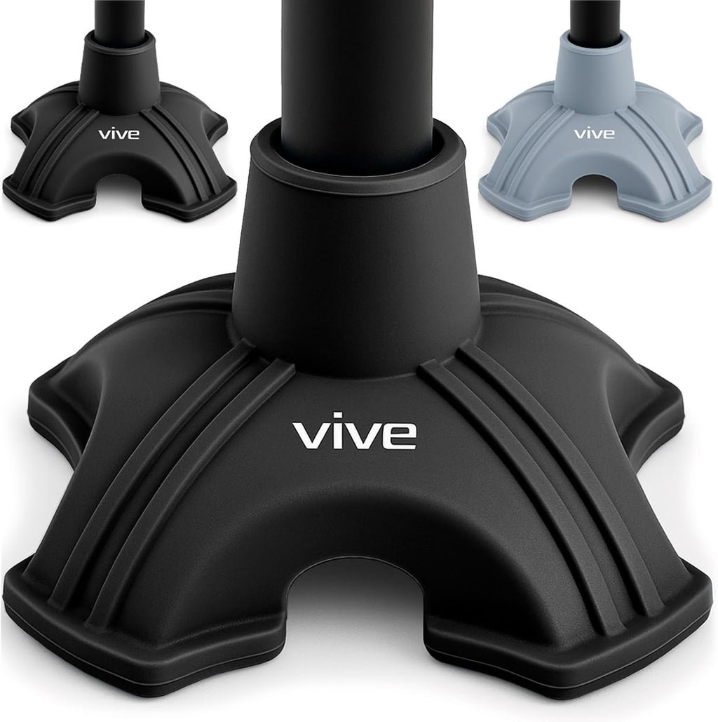 Vive Cane Tip - Self Standing Quad Base Replacement for Most Walking Canes, Walking Sticks, Folding Canes or Offset Quad Pod or Tripod Canes - 4 Prong Rubber Cane Foot Pad