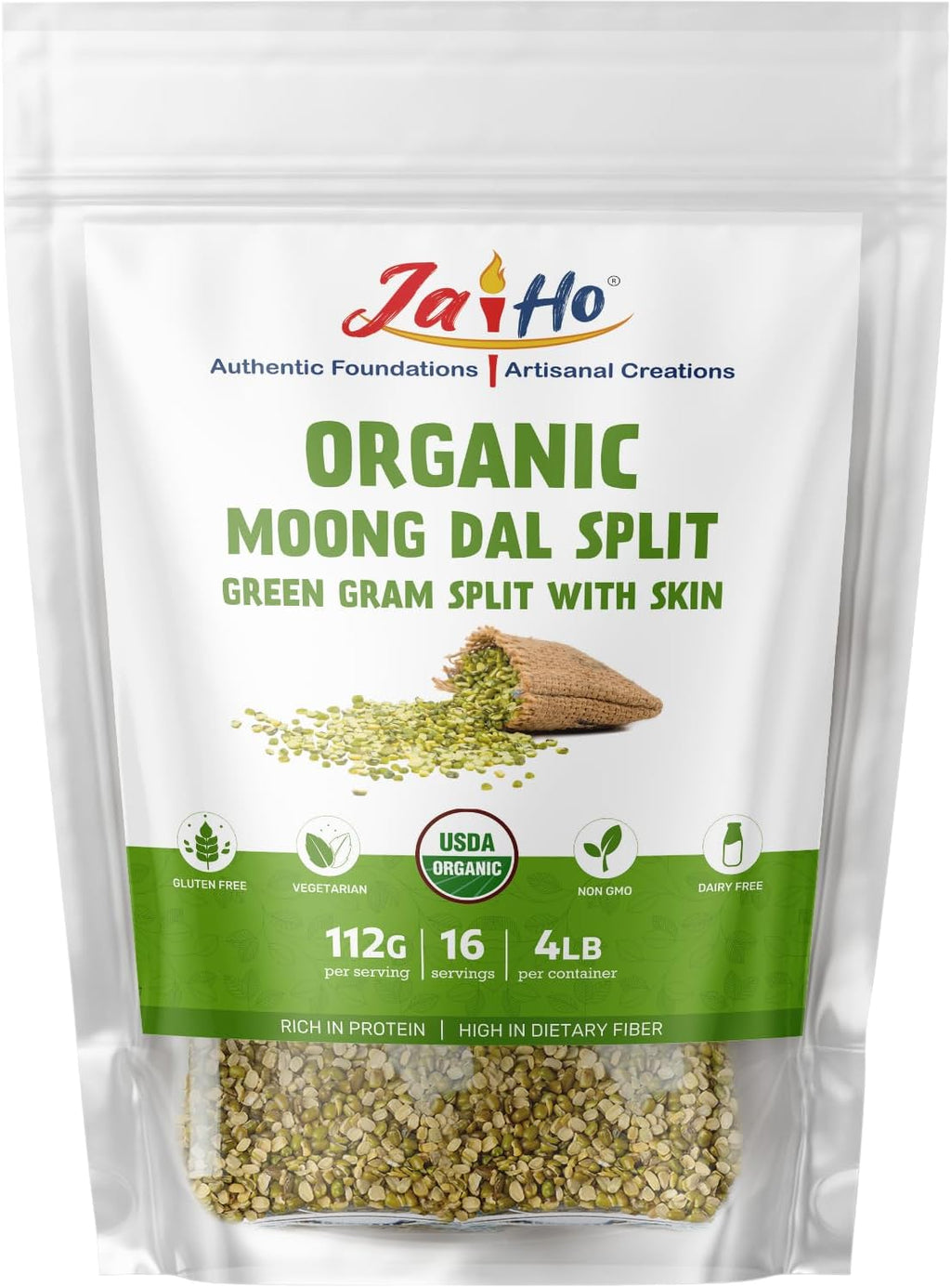 Jai Ho Certified Organic Moong Mung Split Dal with Skin Husk 4 lb | Green Gram Split | USDA Organic | Non-GMO | Chemical-Free | Kosher
