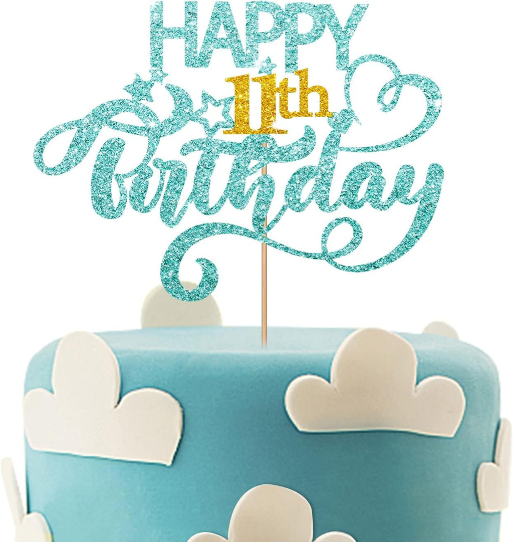Sky Blue Glitter Happy 11th Birthday Cake Topper, Eleven Years Old Birthday Party Cake Decor, Gold Number 11 Birthday Party Supplies Decorations for Teen Girl or Boy