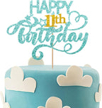 Sky Blue Glitter Happy 11th Birthday Cake Topper, Eleven Years Old Birthday Party Cake Decor, Gold Number 11 Birthday Party Supplies Decorations for Teen Girl or Boy
