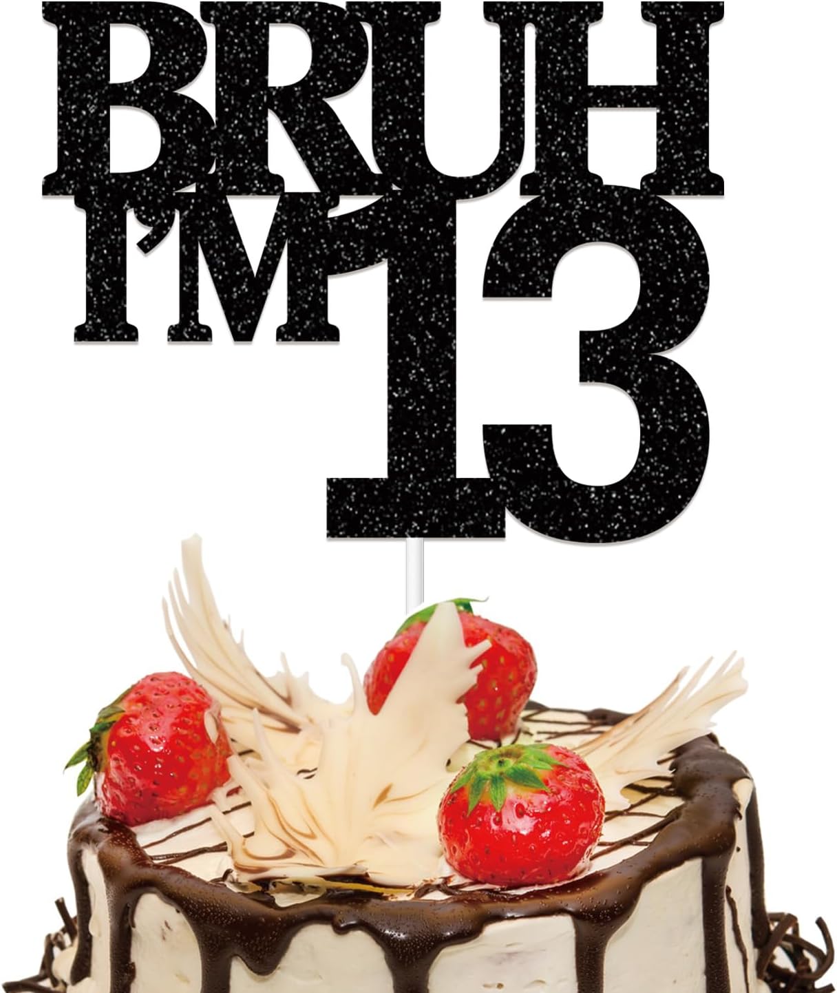 Bruh I'm 13 Cake Topper,Double-Sided Glitter Black 13th Birthday Cake Topper,Funny 13th Birthday Party Decorations for Teen Boys Girls 13 Year Old,Official Teenager,Happy 13th Birthday Supplies Decor