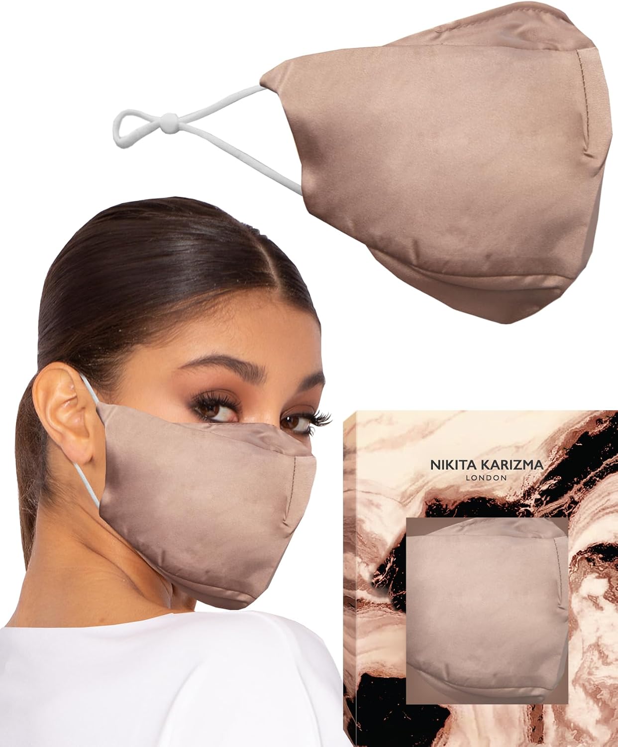 KARIZMA 90210 Silk Face Mask (Taupe) - Luxury Fashion 19 Momme Mulberry Silk Mask for Women - Washable, Reusable Designer Facemask With 6A Grade Fabric