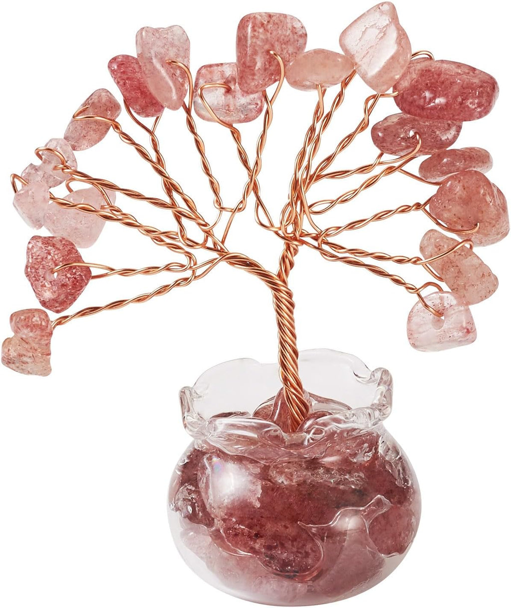 Natural Crystal Bonsai Tree with Glass Base Handcrafted Strawberry Quartz Figurine for Wealth Feng Shui, Energy Flow, Healing and Prosperity Decor for Home Decoration Gift