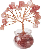 Natural Crystal Bonsai Tree with Glass Base Handcrafted Strawberry Quartz Figurine for Wealth Feng Shui, Energy Flow, Healing and Prosperity Decor for Home Decoration Gift