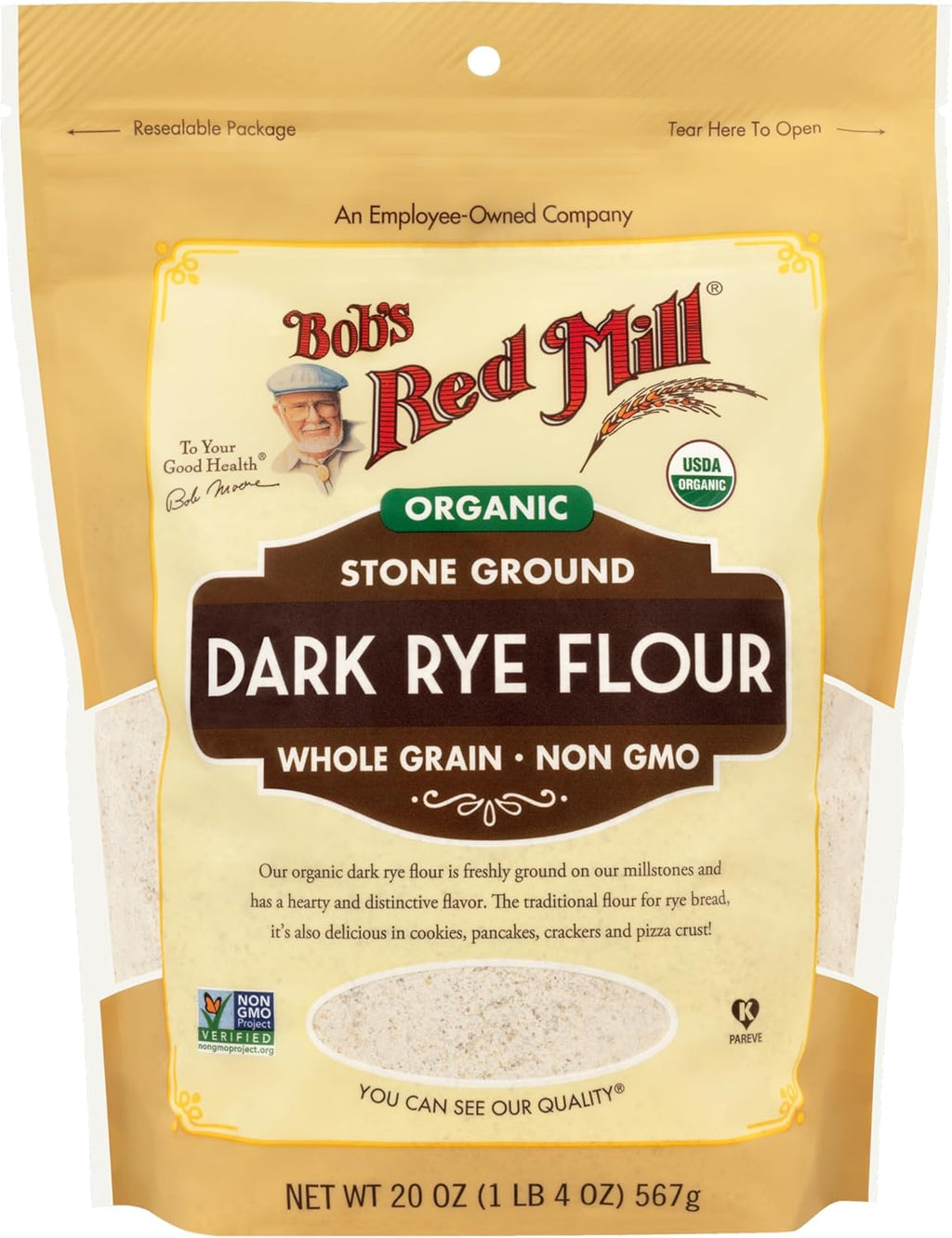 Bob's Red Mill Organic Dark Rye Flour, 20oz (Pack of 1) - Non GMO, Whole Grain, Vegan, Kosher