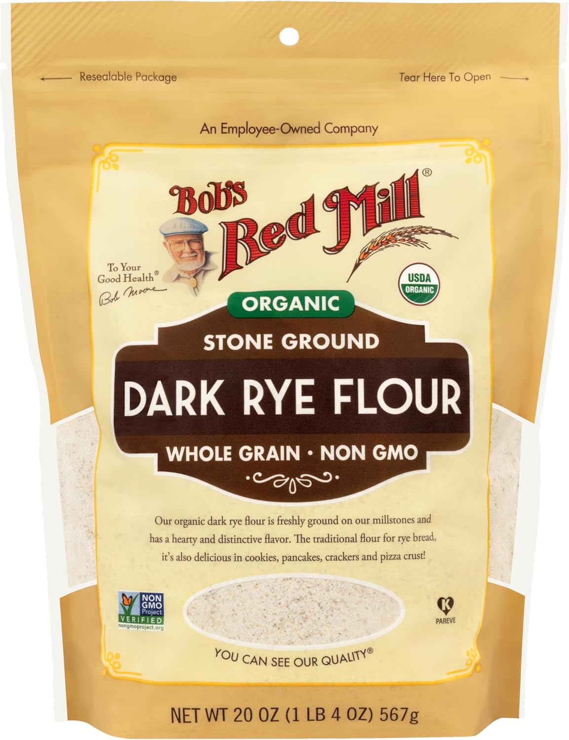 Bob's Red Mill Organic Dark Rye Flour, 20oz (Pack of 1) - Non GMO, Whole Grain, Vegan, Kosher