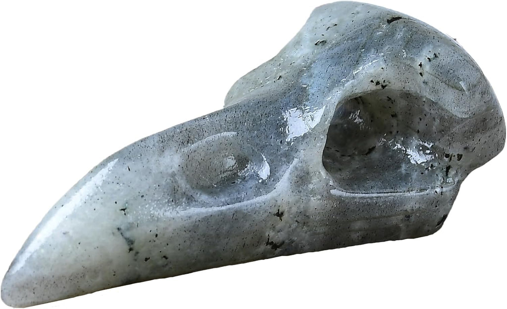 Moonstone Raven Skull Figurine Crystal Healing Stone Spiritual Meditation Pocket Figurine Natural Gemston Hand Carved Polished Home Room Office Desk Decoration Gift Collect
