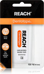 REACH Dentotape Waxed Dental Floss Tape, Unflavored, Extra Wide Floss, Shred & Frey Resistant, Plaque Remover for Teeth, Easy on Gums & Teeth, Oral Care, PFAS Free, for Adults & Kids, 1 Pack, 100 yd