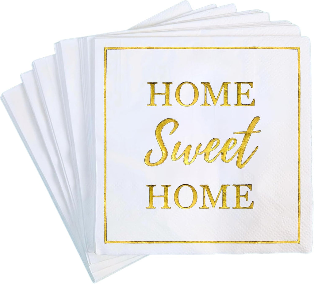 Housewarming Party Decorations Napkins, 50 Pack, Home Sweet Home Paper Napkin in White and Gold Foil, New Home Gift Ideas, Open House Real Estate Agent Gifts to Clients