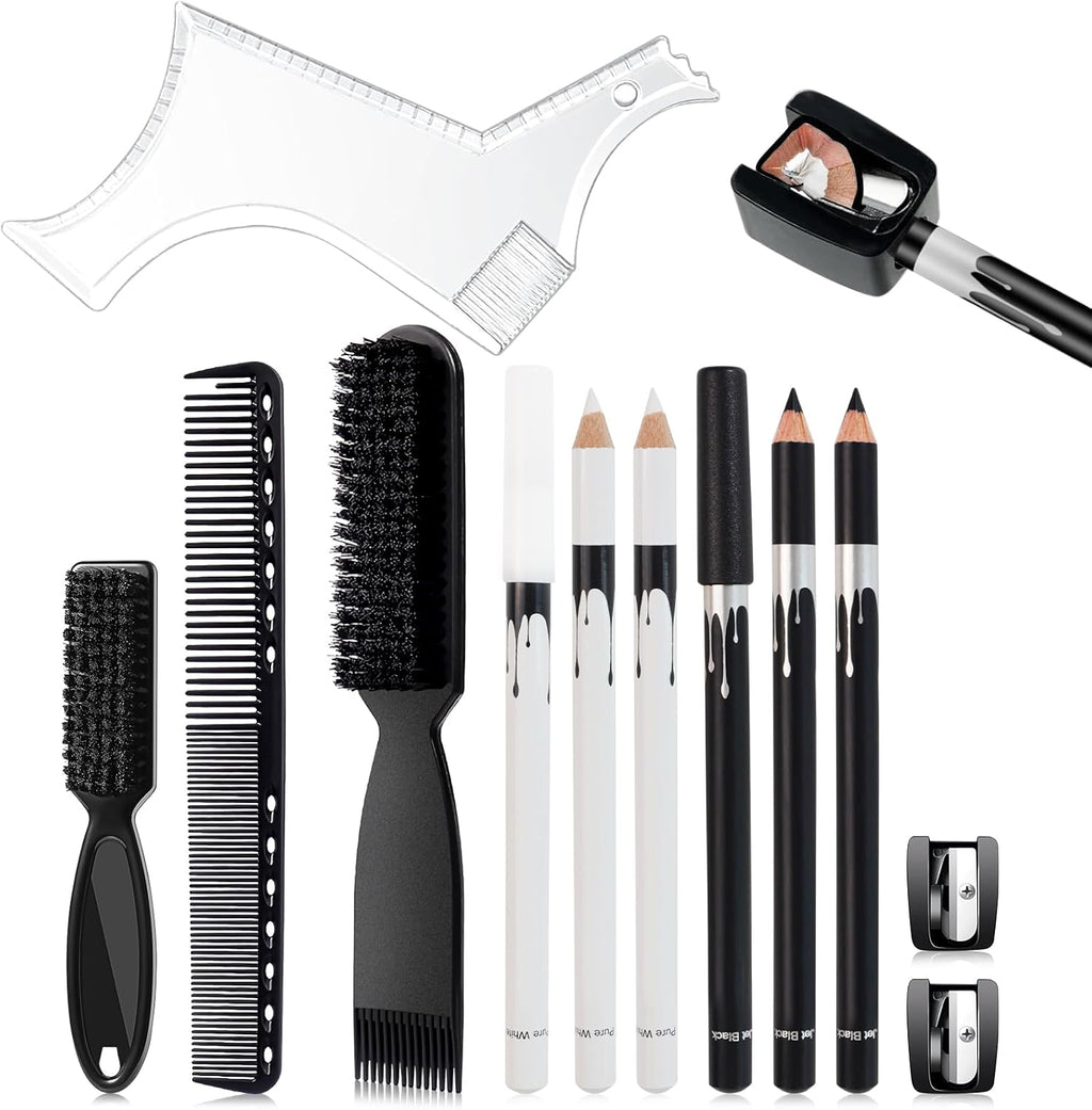 DUAIU 12Pcs Beard Shaper Tool Kit for Men Grooming, White Black Barber Pencil for Lineup Edging with Sharpener, Hairline Beard Guide Shaping Barber Comb Clipper Cleaning Brushes Hair Combs Set