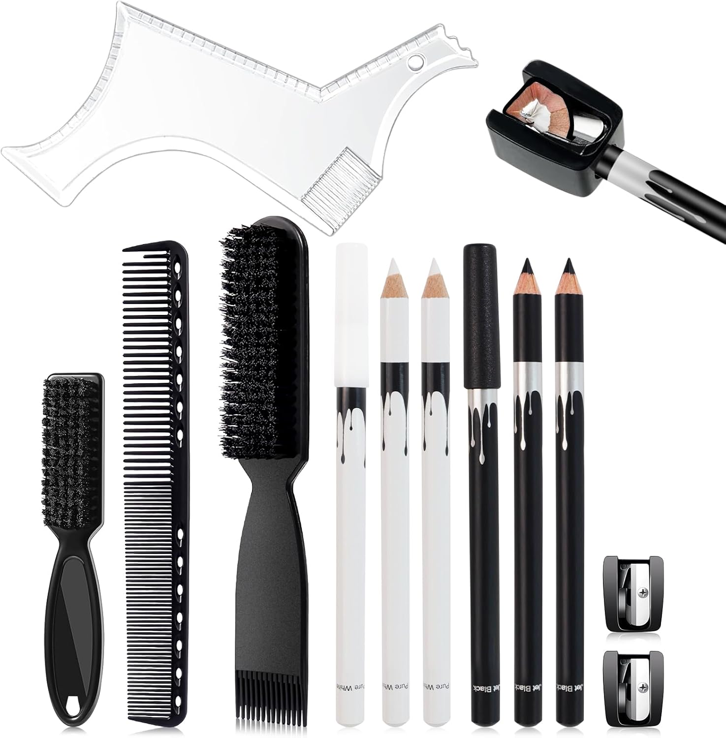 DUAIU 12Pcs Beard Shaper Tool Kit for Men Grooming, White Black Barber Pencil for Lineup Edging with Sharpener, Hairline Beard Guide Shaping Barber Comb Clipper Cleaning Brushes Hair Combs Set