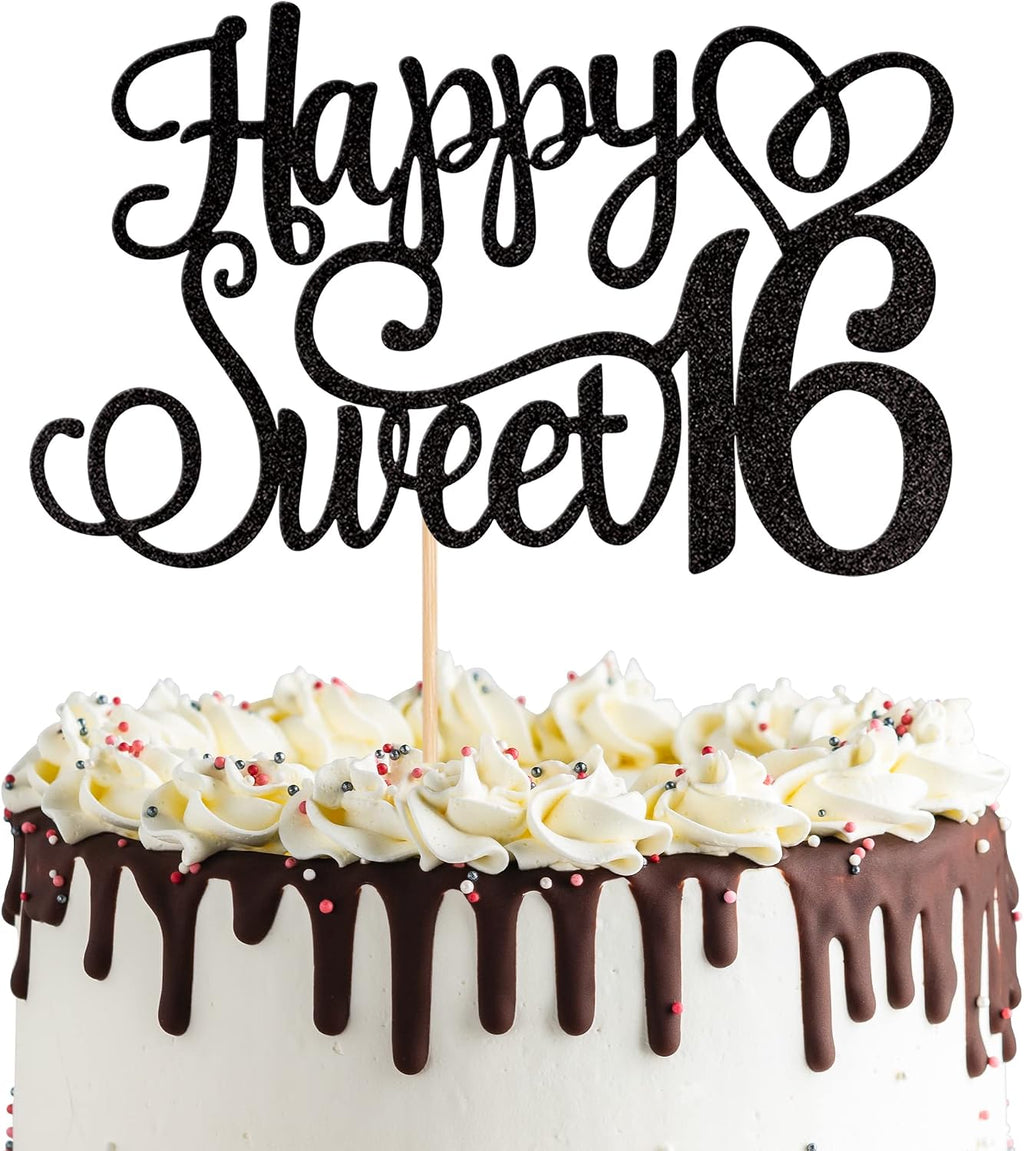 1 PCS Happy Sweet 16 Cake Topper Glitter 16th Birthday Cake Pick Cheers to 16 Years Sweet 16 Birthday Cake Decoration for Happy 16th Birthday Anniversary Party Decorations Supplies Black