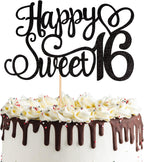 1 PCS Happy Sweet 16 Cake Topper Glitter 16th Birthday Cake Pick Cheers to 16 Years Sweet 16 Birthday Cake Decoration for Happy 16th Birthday Anniversary Party Decorations Supplies Black