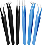Honoson 6-Piece Lash Eyelash Extension Tweezer Set - Stainless Steel, Straight & Curved Tip Tools for Women Eyelash Extensions (Black, Blue)