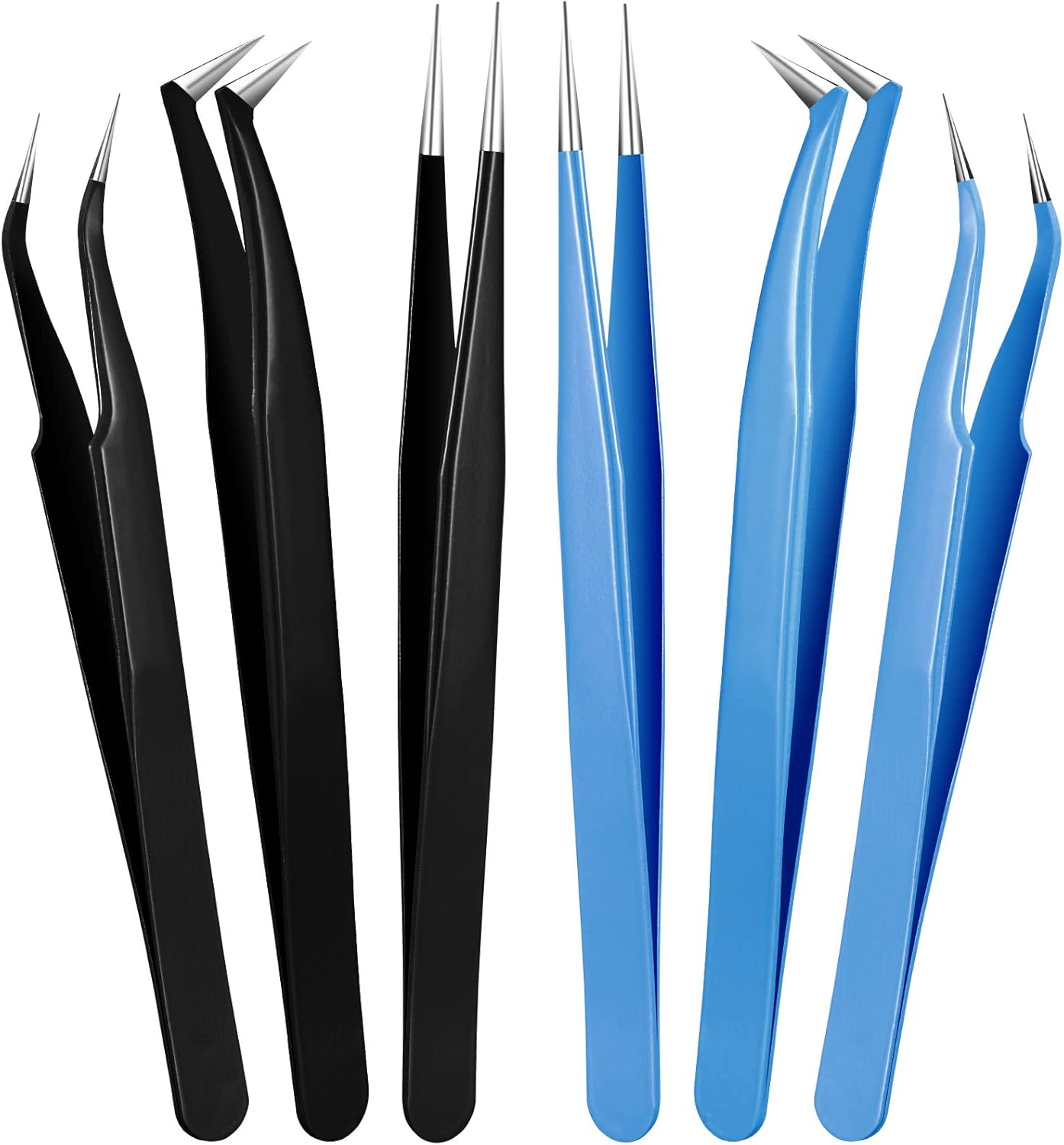Honoson 6-Piece Lash Eyelash Extension Tweezer Set - Stainless Steel, Straight & Curved Tip Tools for Women Eyelash Extensions (Black, Blue)