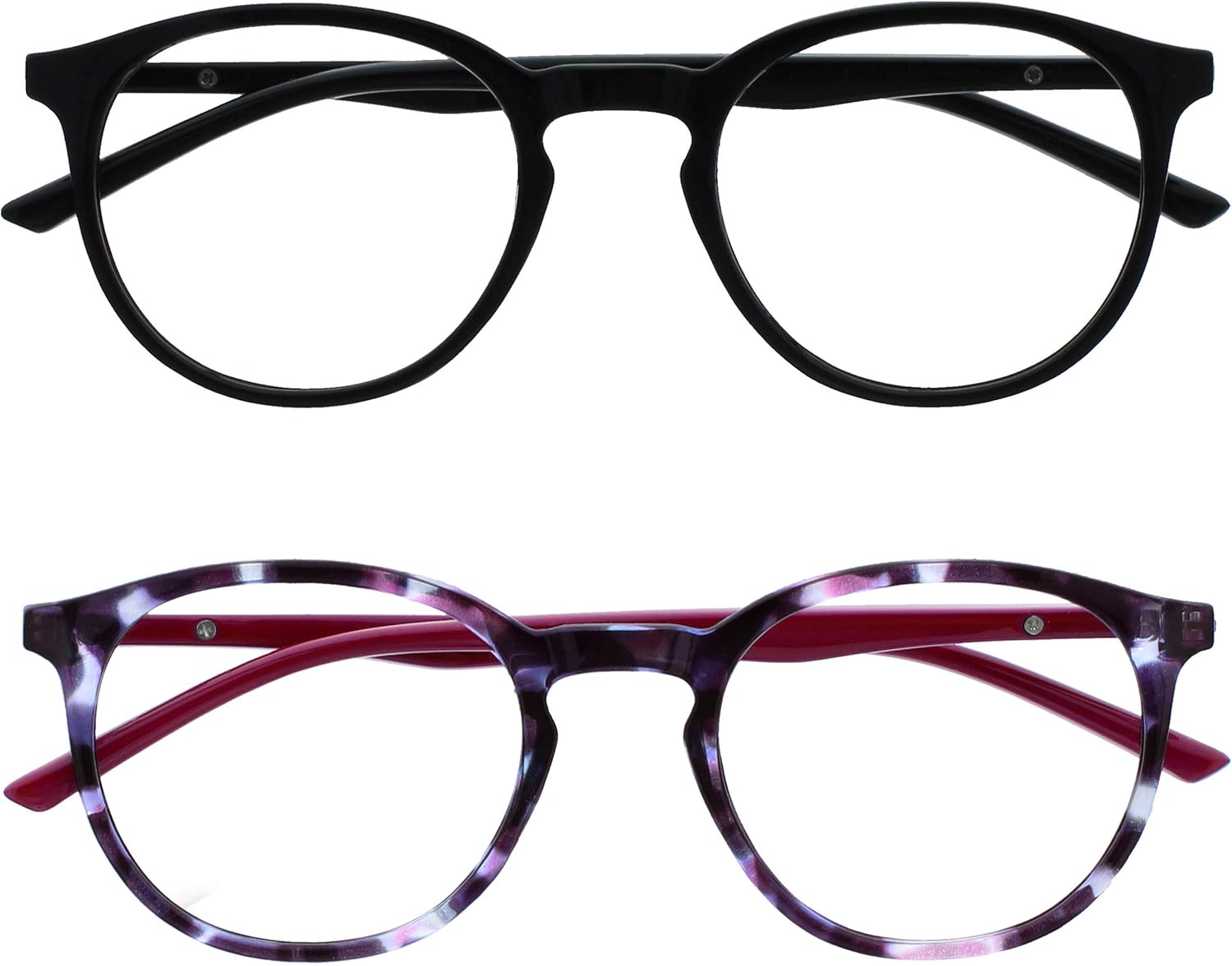 OPULIZE MET Blue Light Blocking Reading Glasses for Women Men, Slim Round Frame with Scratch Resistant and Spring Hinges, Computer Glasses with Anti-Reflective, Black,Purple +2 (Pack of 2)