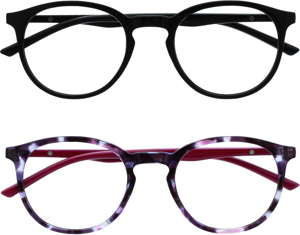 OPULIZE MET Blue Light Blocking Reading Glasses for Women Men, Slim Round Frame with Scratch Resistant and Spring Hinges, Computer Glasses with Anti-Reflective, Black,Purple +3 (Pack of 2)