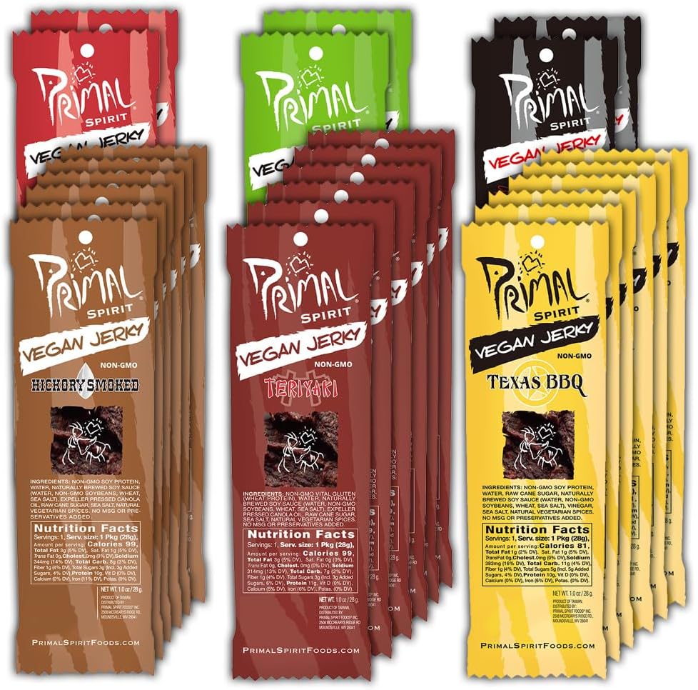 Primal Spirit Vegan Jerky - Most Popular Flavors Pack, 10 g. Plant Based Protein, ("The Classics" 6 Teriyaki, 6 Hickory Smoked, 6 Texas BBQ, 2 Thai Peanut, 2 Hot & Spicy, 2 Mesquite Lime 24-Pack, 1 oz