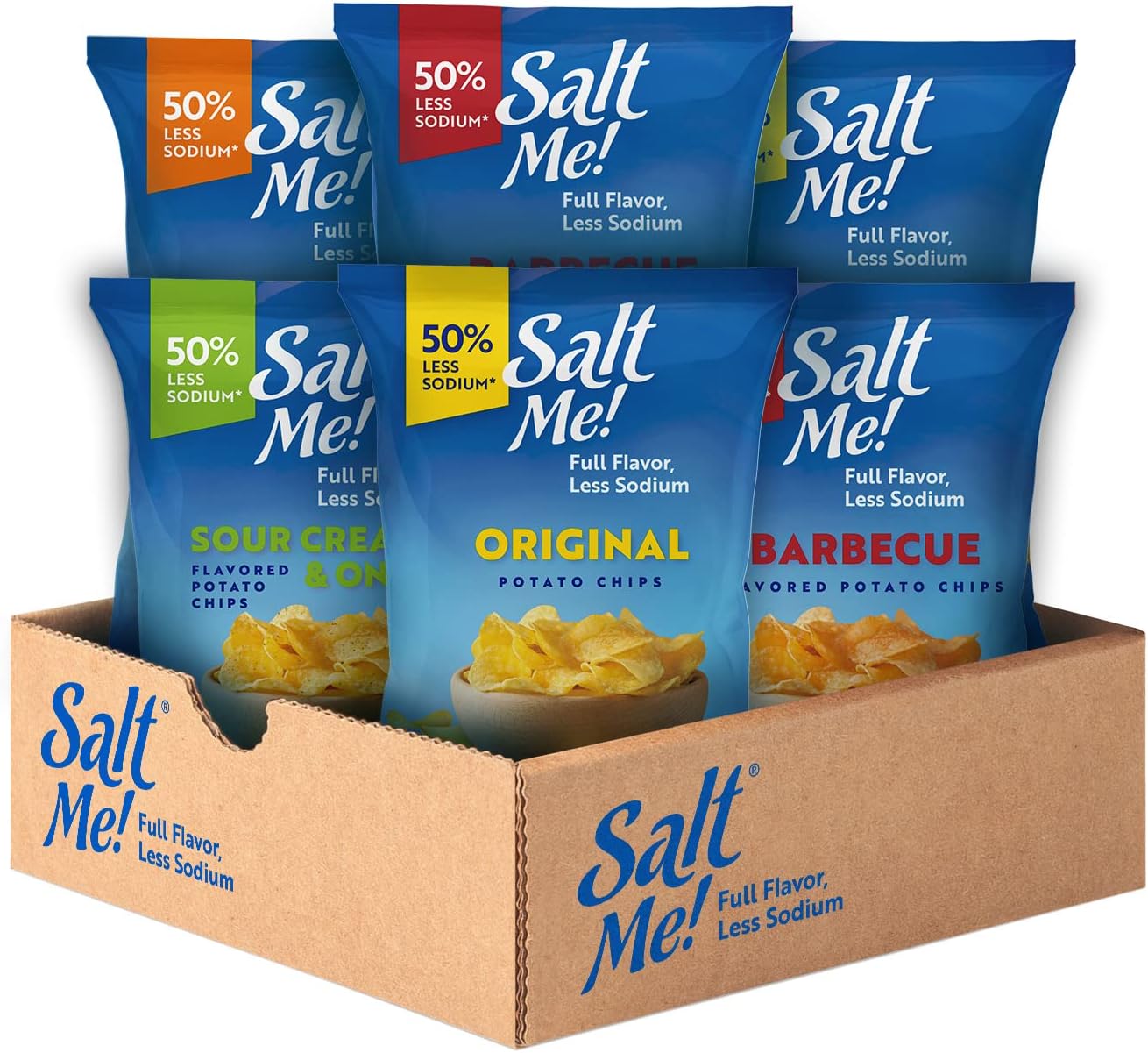SaltMe! 4 flavor variety pack Potato Chips, 50% Low Salt, Kosher, Non-GMO, Better for You Chips, Original-BBQ-SC&Onion-Ched&Sour Cream 5 Ounces, Pack of 6