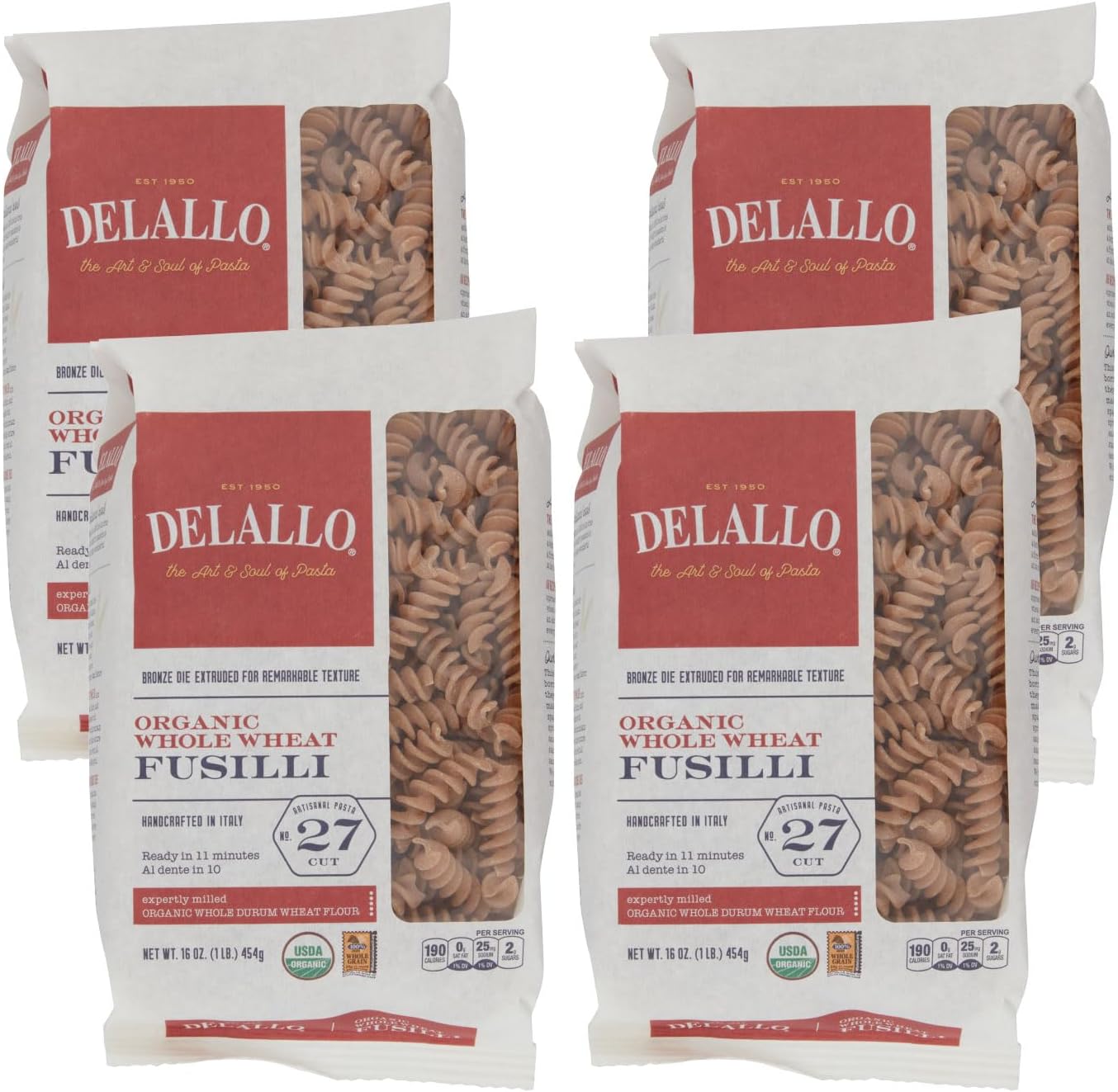 DeLallo Whole Wheat Fusilli Pasta, 1 Pound Bag, 4 Pack, 100% Organic, Whole Grain Spiral Noodles, Imported from Italy, Made with Durum Wheat