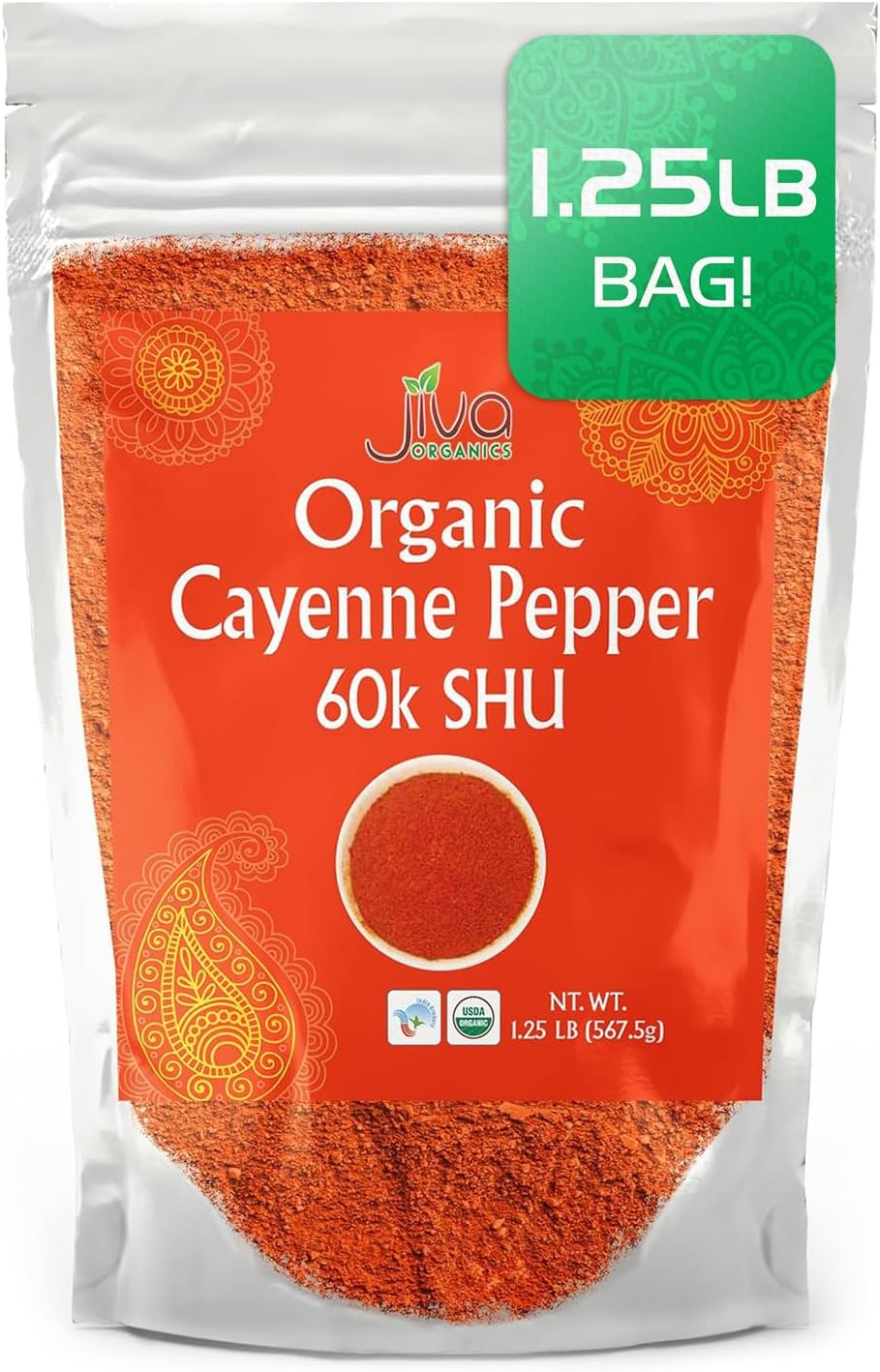 Jiva Organics Cayenne Pepper Powder Ground Chilli Pepper 1.25 LB Bag 60K SHU - Culinary, Hot, Non-GMO, All Natural Red Pepper Spice Powder