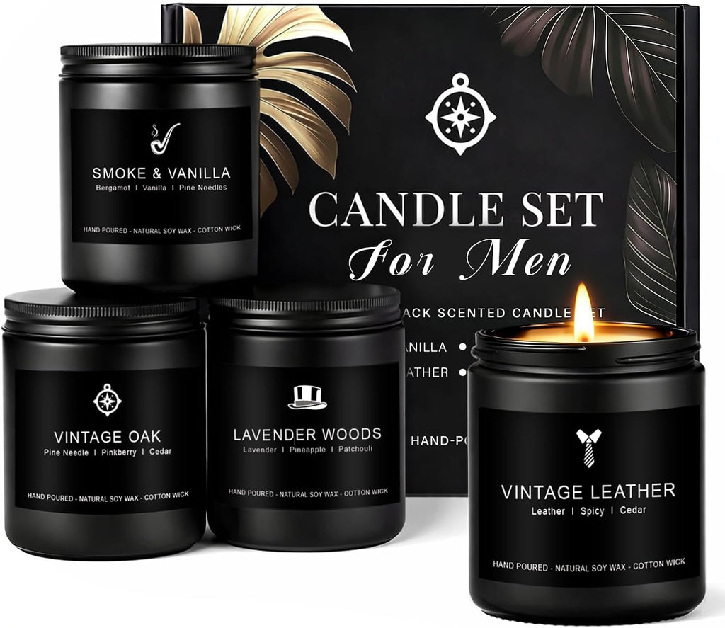 Candles for Men Gift Set, 4 Pack Masculine Scented Soy Candles for Men, Leather, Smoke, Oak & Lavender Scents, Aromatherapy Candle Gift Set for Dad, Husband, Boyfriend, Birthday & Father’s Day Gifts