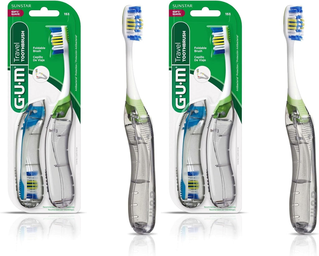 GUM Folding Travel Toothbrush, Compact Head + Tongue Cleaner, Soft Bristled Travel Toothbrushes for Adults, 2ct (Pack of 2)