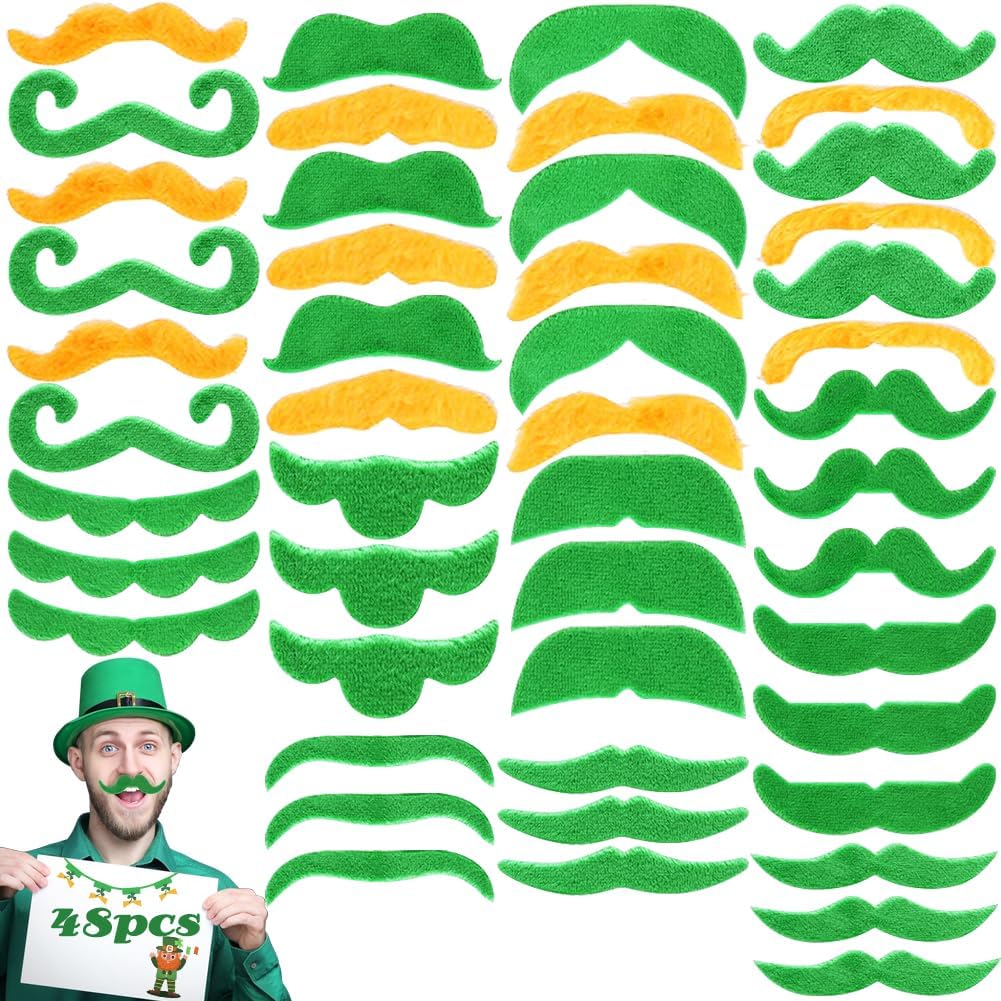 48 PCS St. Patrick's Day Fake Mustache Stickers Set, Self Adhesive Novelty Beard for Adults Irish Saint Patrick's Day Party Favors Cosplay Costume Supplies Decorations Accessories