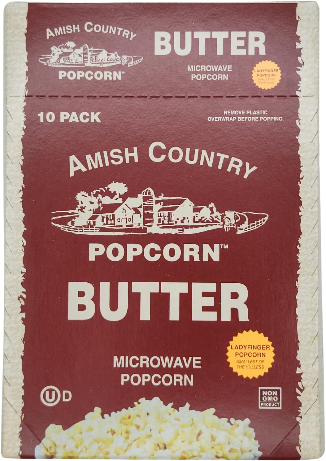 Amish Country Popcorn | Old Fashioned Microwave Popcorn | 10 Bags Ladyfinger Butter | Non-GMO, Gluten Free, Microwaveable and Kosher (10 Bags)