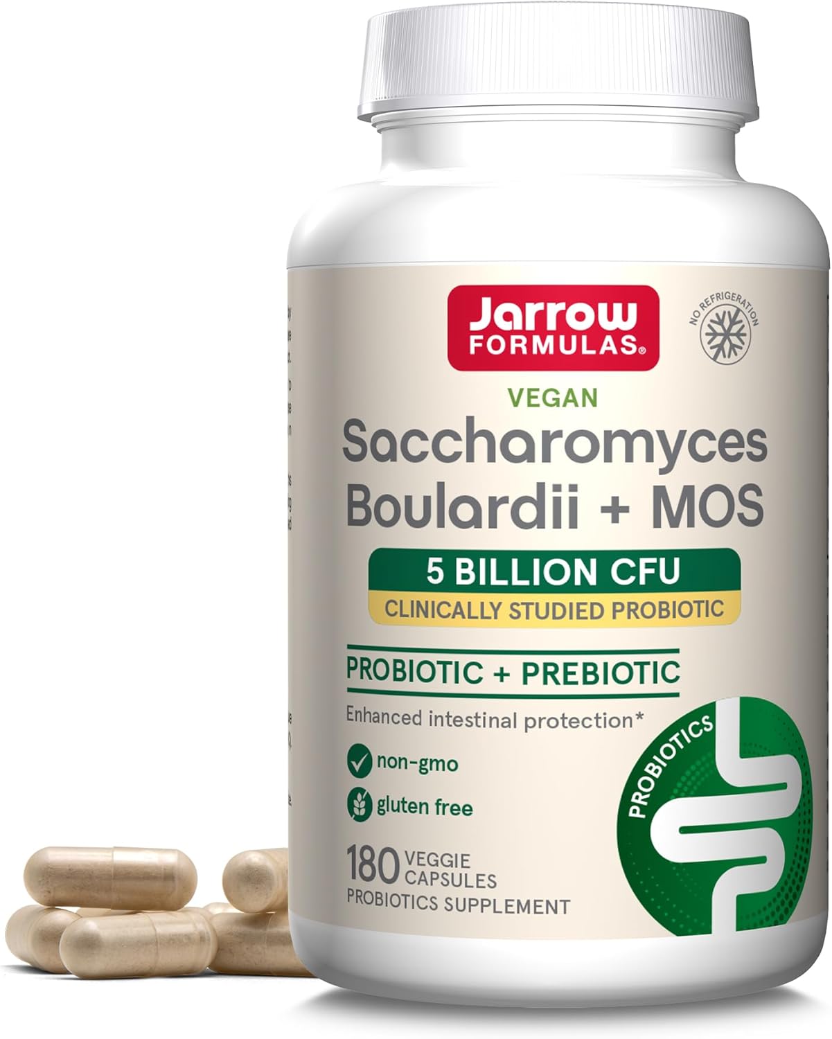 Jarrow Formulas Saccharomyces Boulardii + MOS Probiotics for Digestive Health and Intestinal Tract Support - 5 Billion CFU Per Serving - 180 Delayed Release Caps - Probiotic + Prebiotic - 180 Servings