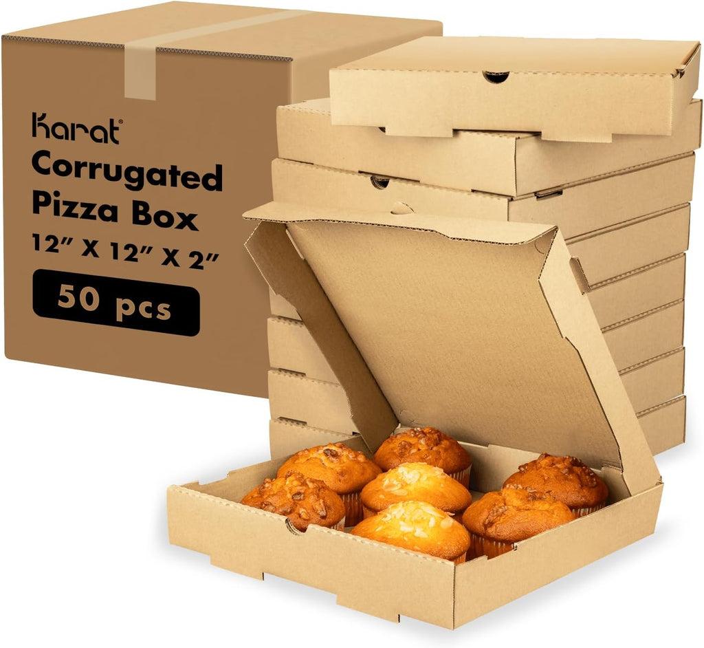 Karat Pizza Boxes 12" x 12" x 2" [50 Pack] Kraft Corrugated Boxes | Ventilated, Grease-Resistant, Durable for Pizza, Catering or Shipping Use