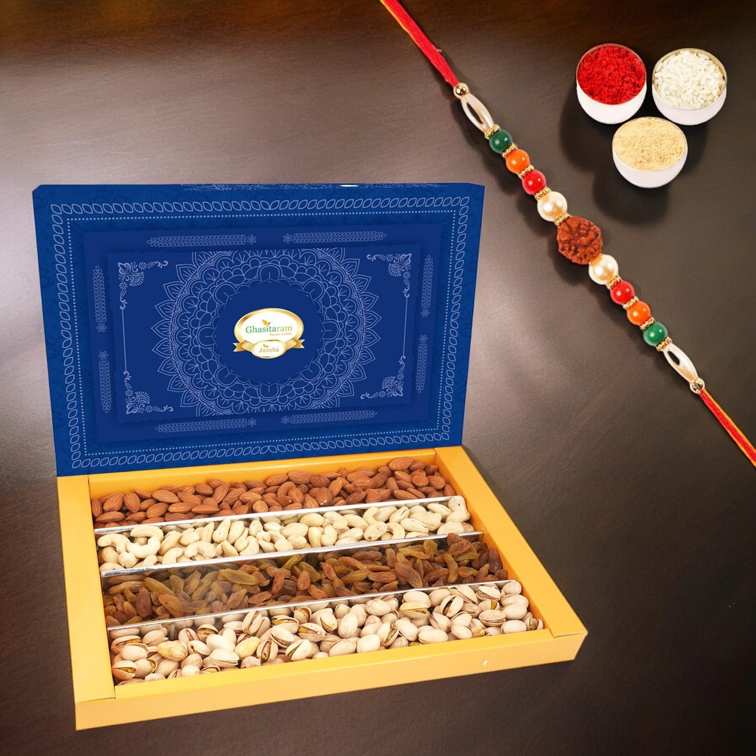 Ghasitaram Gifts Rakhi Gifts for Brothers Rakhi Dyfruits- Ghasitaram's Dryfruit Box 800 GMS with Rudraksh Rakhi