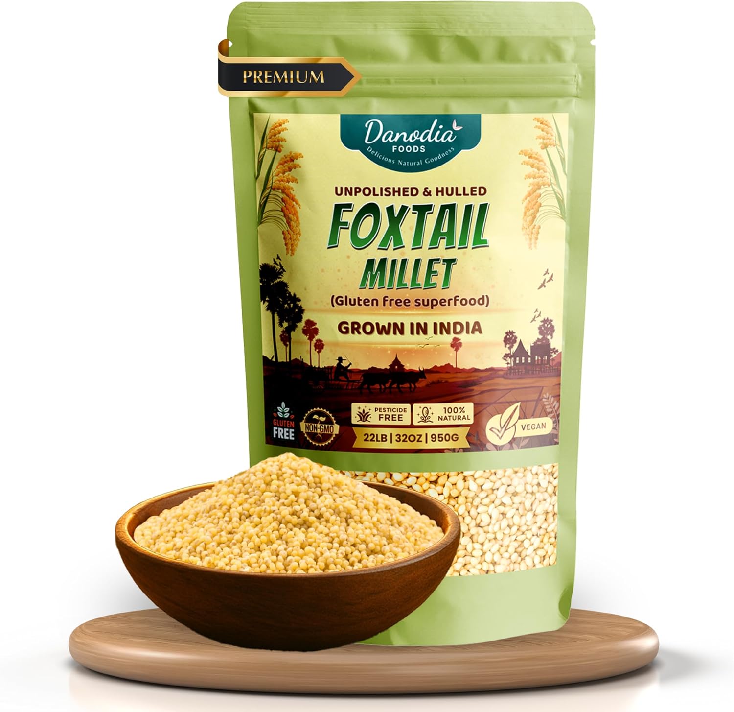 Danodia Foods Organic Foxtail Millet (Hulled, Unpolished) – 2 lbs (950g) | Gluten-Free, Yellow Whole Grain Superfood | Low GI, High Fiber & Protein | Healthy Rice Alternative for Super Healthy Diet