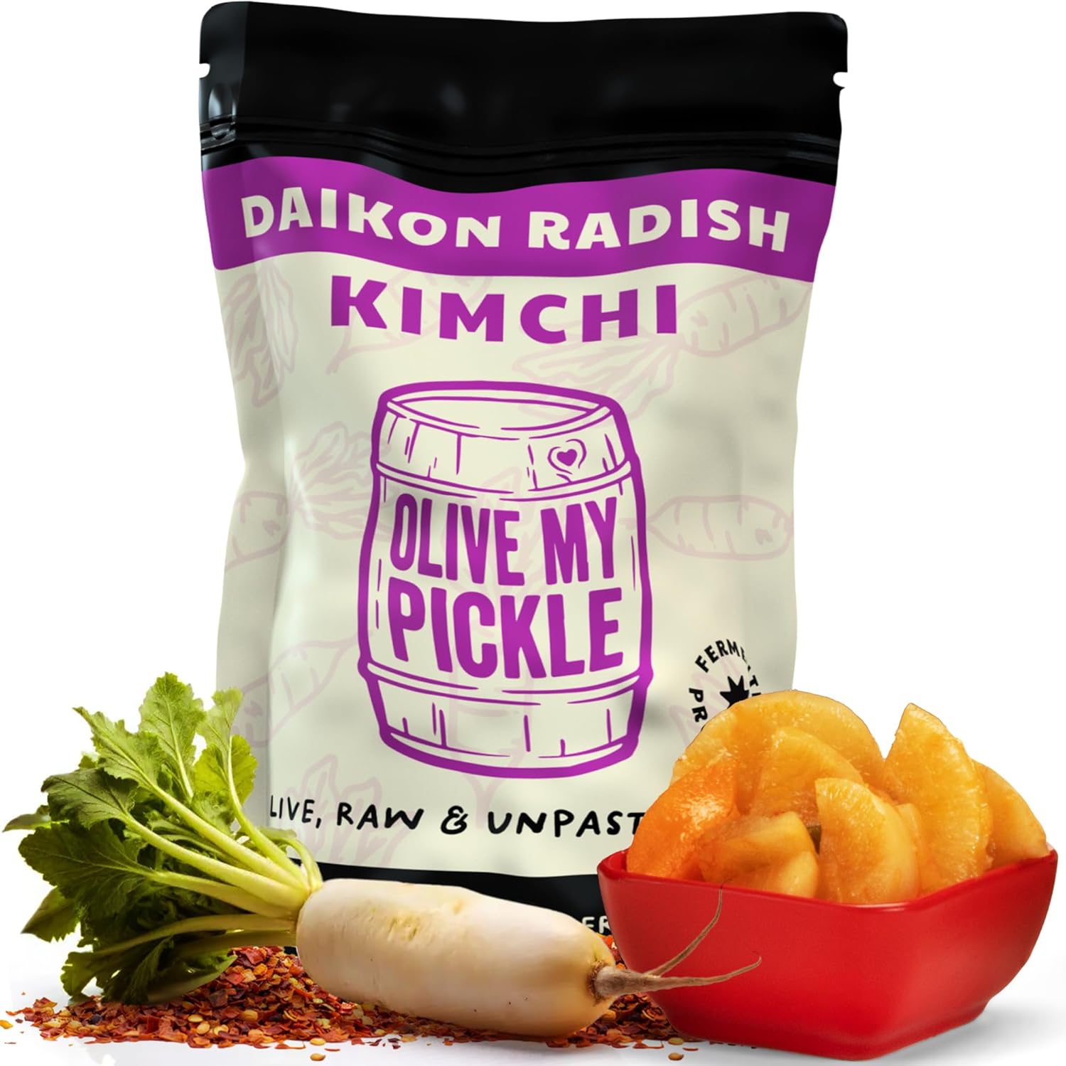 Olive My Pickle Fermented Kimchi - 16 Ounces | 1-Pack Bundle of Probiotic Daikon Radish Kimchi | Fresh & Flavorful Korean Food with Natural Probiotics for Gut Health - Perfect for Ramen & Spicy Noodles