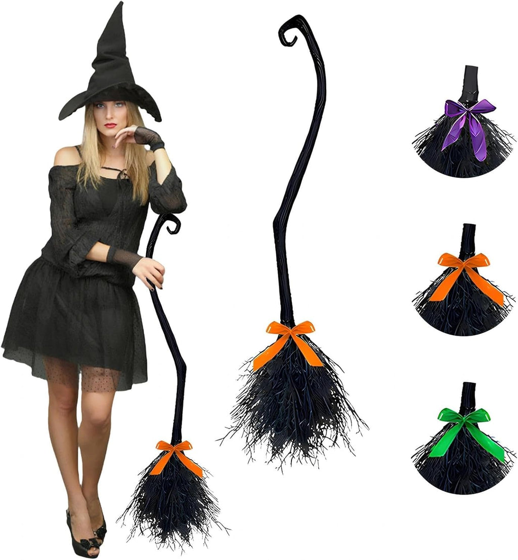 Lachouhaox Halloween Witch Broom with 3 Ribbons, Large Plastic Black Home Decoration Accessory Cosplay Photo Prop for Party