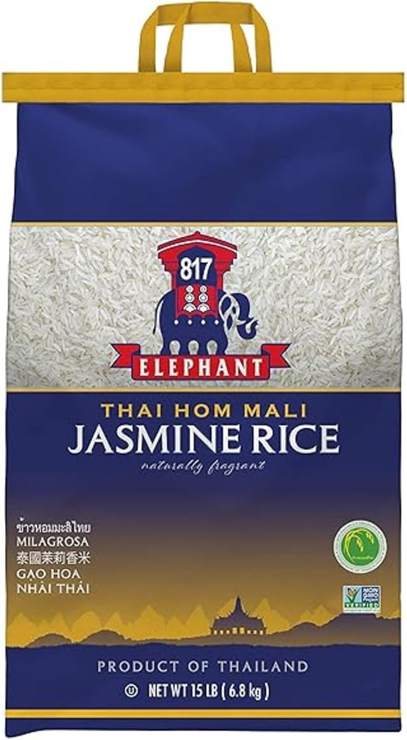 817 Elephant Thai Hom Mali Jasmine Rice - 15 lb Bag - Authentic White Rice - Great for Thai Recipes, Curries & Pilafs - Cook in Microwave or on Stove Top