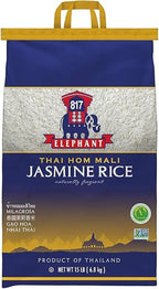 817 Elephant Thai Hom Mali Jasmine Rice - 15 lb Bag - Authentic White Rice - Great for Thai Recipes, Curries & Pilafs - Cook in Microwave or on Stove Top