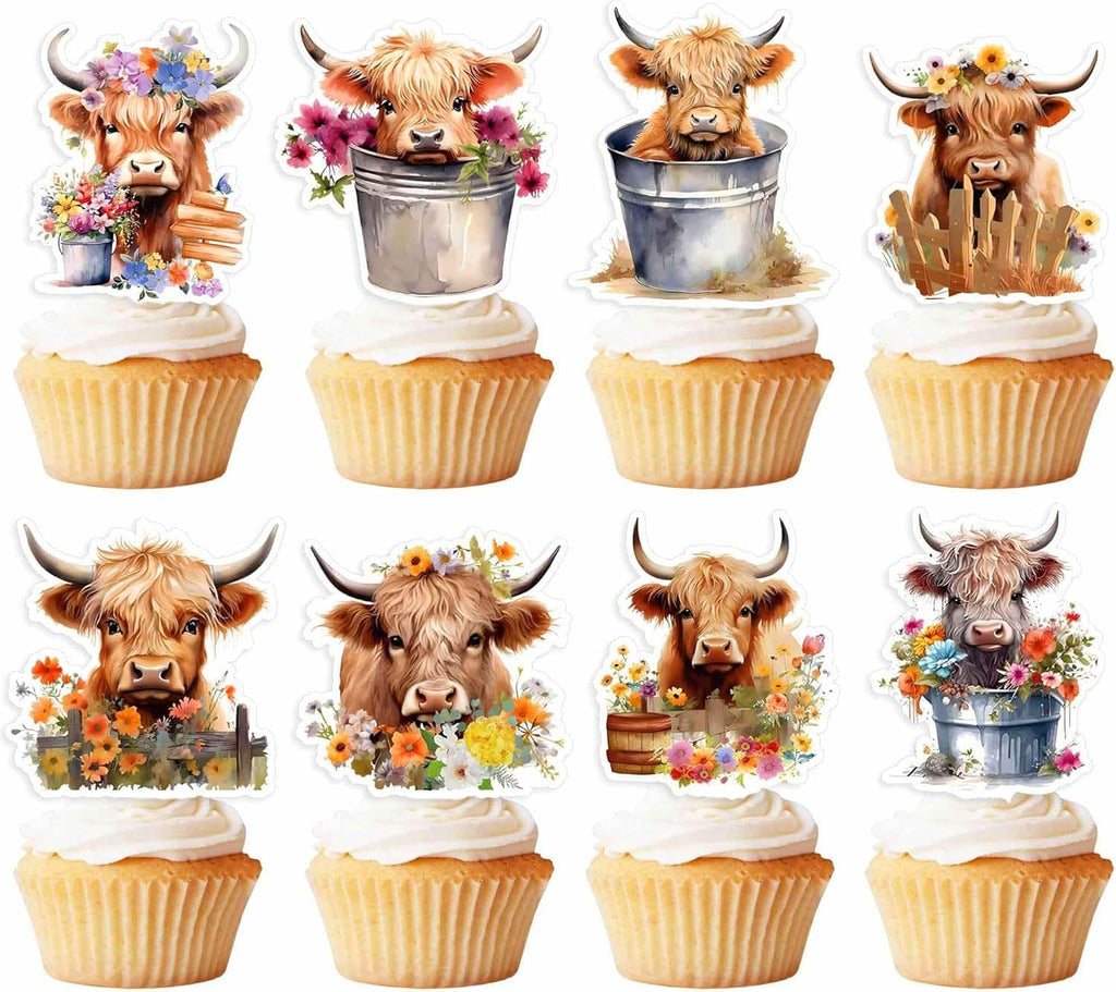 48pcs Highland Cow Baby Shower Cupcake Toppers - Holy Cow Baby Shower Birthday Supplies, Cute Cow Party Cake Decorations