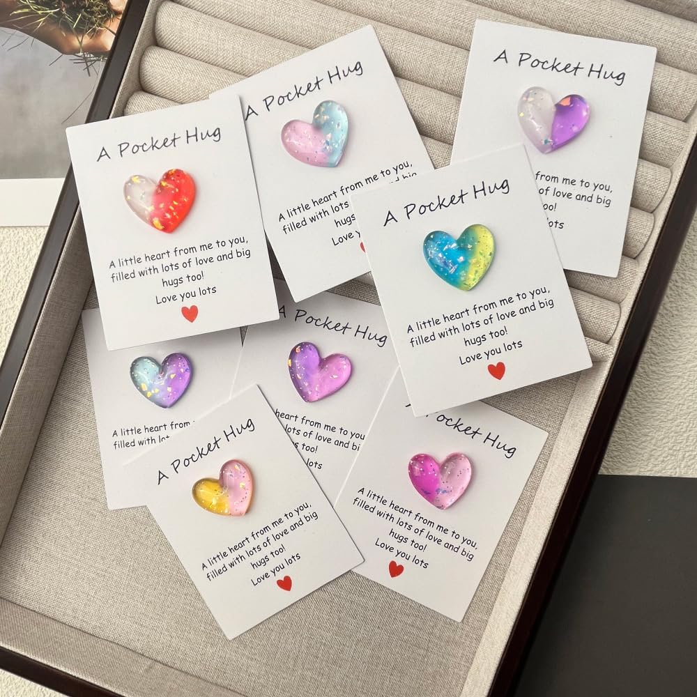 8pcs Pocket Hug with Message Card - Mini Heart Keepsake Gift for Birthday, Wedding and Valentine's Day, Multicolored8