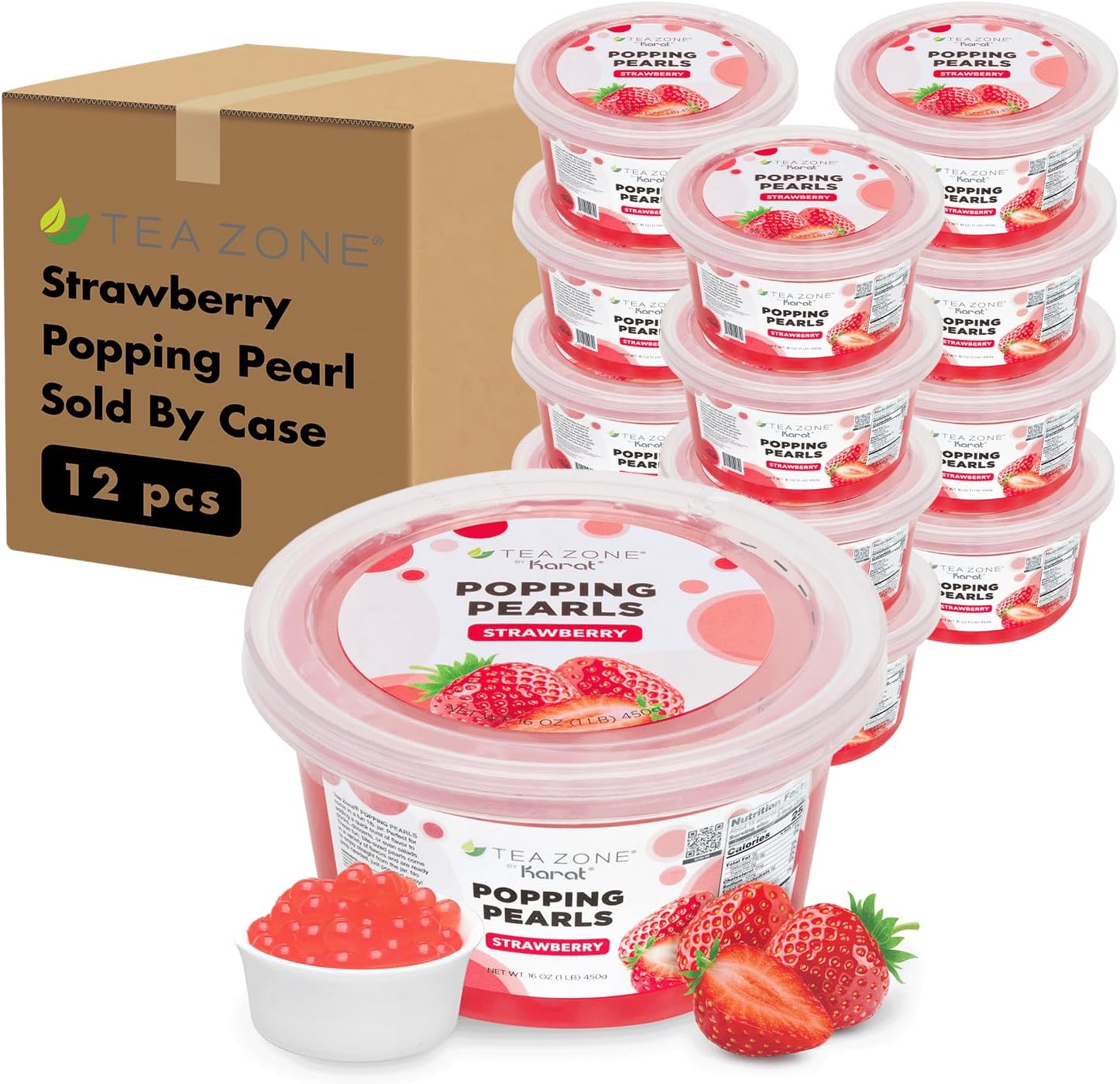 Tea Zone [1 Pound - 12 Packs] Strawberry Popping Pearls, Bursting Pearls for Teas, Shakes, Smoothies, and Dessert Toppings | Sold by Case