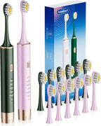 Aneebart Sonic 2 Pack Electric Toothbrush for Adults and Kids, Travel Toothbrush Includes 12 Replacement Toothbrush Heads, 6 Modes with 2 MIN Smart Timer (Purple, Green)