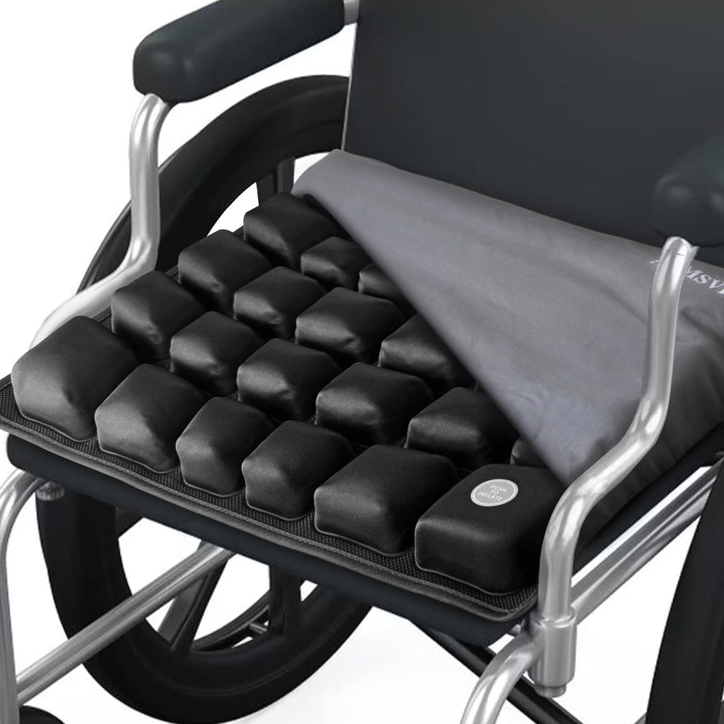 3D Air Inflatable Seat Cushion for Wheelchair & Office Chair - Adjustable Firmness Pad for Sciatica, Tailbone & Lower Back Pain Relief - Breathable, Anti-Slip, Washable Cover (18x16)