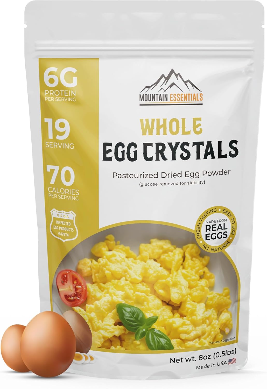 MOUNTAIN ESSENTIALS Whole Egg Crystals Pasteurized Dried Egg Powder 8 Oz Pure Natural Nutrient-Rich Whole Egg Powder For Baking, Cooking, Camping, Quick Meal Preparation Shelf Stable Food Pack of 1