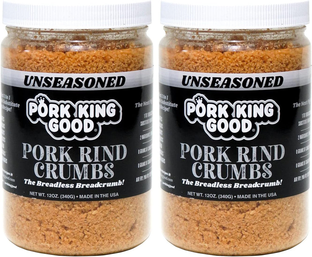Pork King Good - Pork Rind Breadcrumbs - 2 Pack! Keto Friendly, Paleo, Gluten-Free, Sugar Free, Zero Carb Panko Substitute (Two 12 Oz Jars) (Unseasoned, 2 Pack)