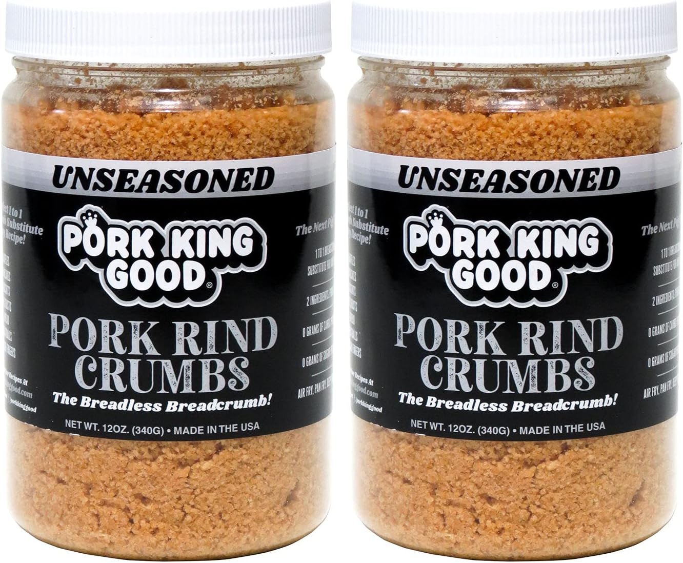 Pork King Good - Pork Rind Breadcrumbs - 2 Pack! Keto Friendly, Paleo, Gluten-Free, Sugar Free, Zero Carb Panko Substitute (Two 12 Oz Jars) (Unseasoned, 2 Pack)