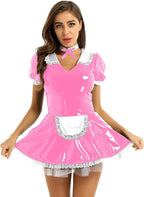 easyforever Women's Wet Look Patent Leather Lace Trim French Maid Fancy Dress Costume Cosplay Outfits