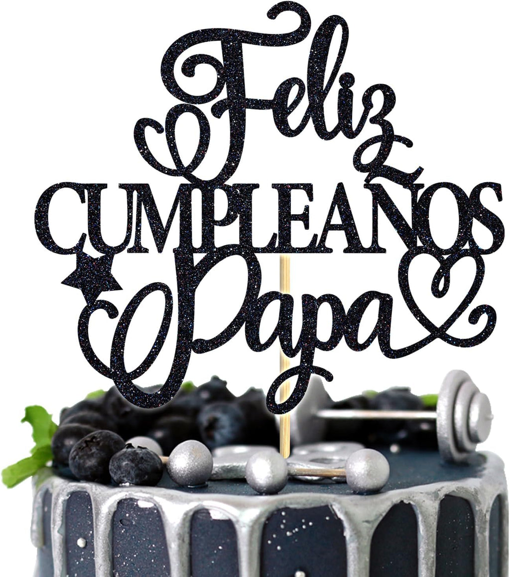 Feliz Cumpleaños Papa Cake Topper, Best Dad Ever, Happy Father's Day, Father's Birthday Party Decorations Supplies Black Glitter
